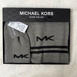 Michael Kors Gray and Black MK Logo Scarf and Hat NWT’s in gift box